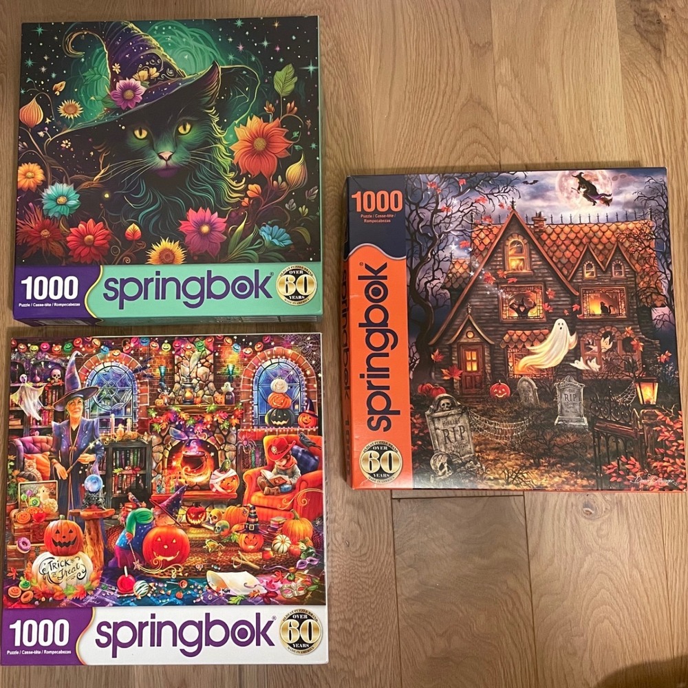 Springbok 1000 Piece Jigsaw Puzzle Lot Halloween Haunted House Enchanted Cat 3pk